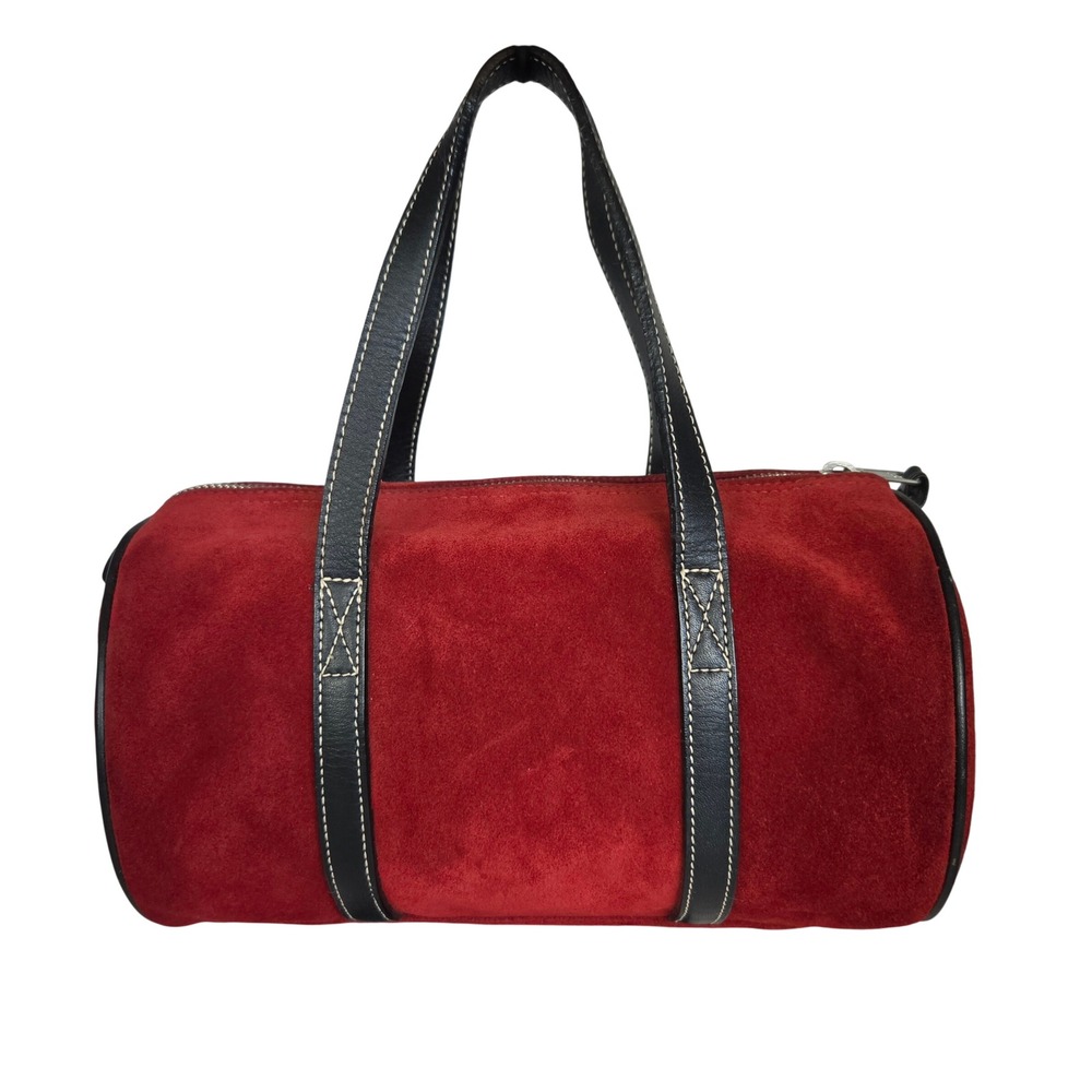 Vintage J. Crew Barrel Bag Red Suede W Black Leather Straps & Trim Y2K Preppy